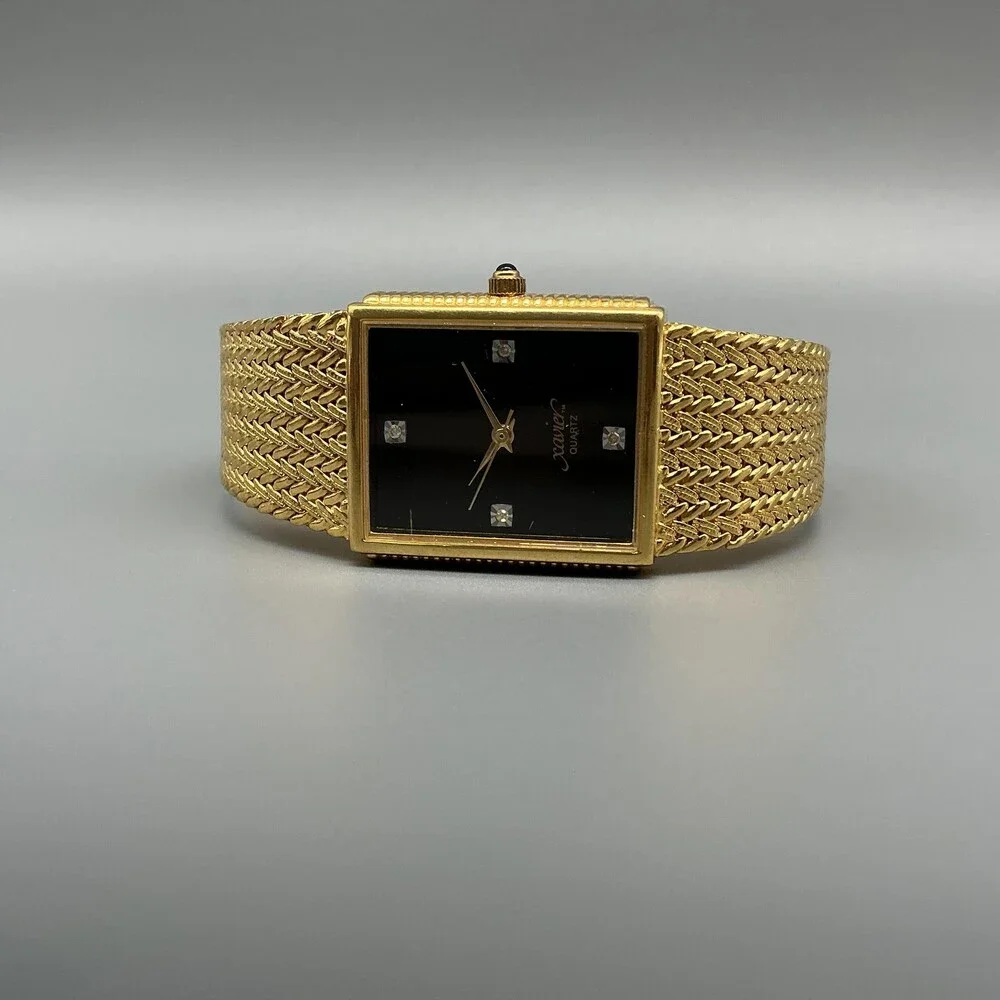 Xavier Womens Watch 25mm Black Dial Gold Tone Bracelet Gem Markers New Battery